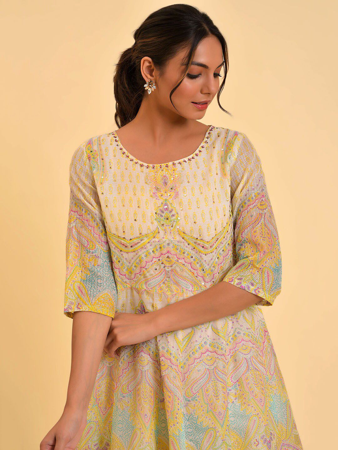 W Off White Ethnic Motifs Printed Fit & Flare Midi Dress - Image 2