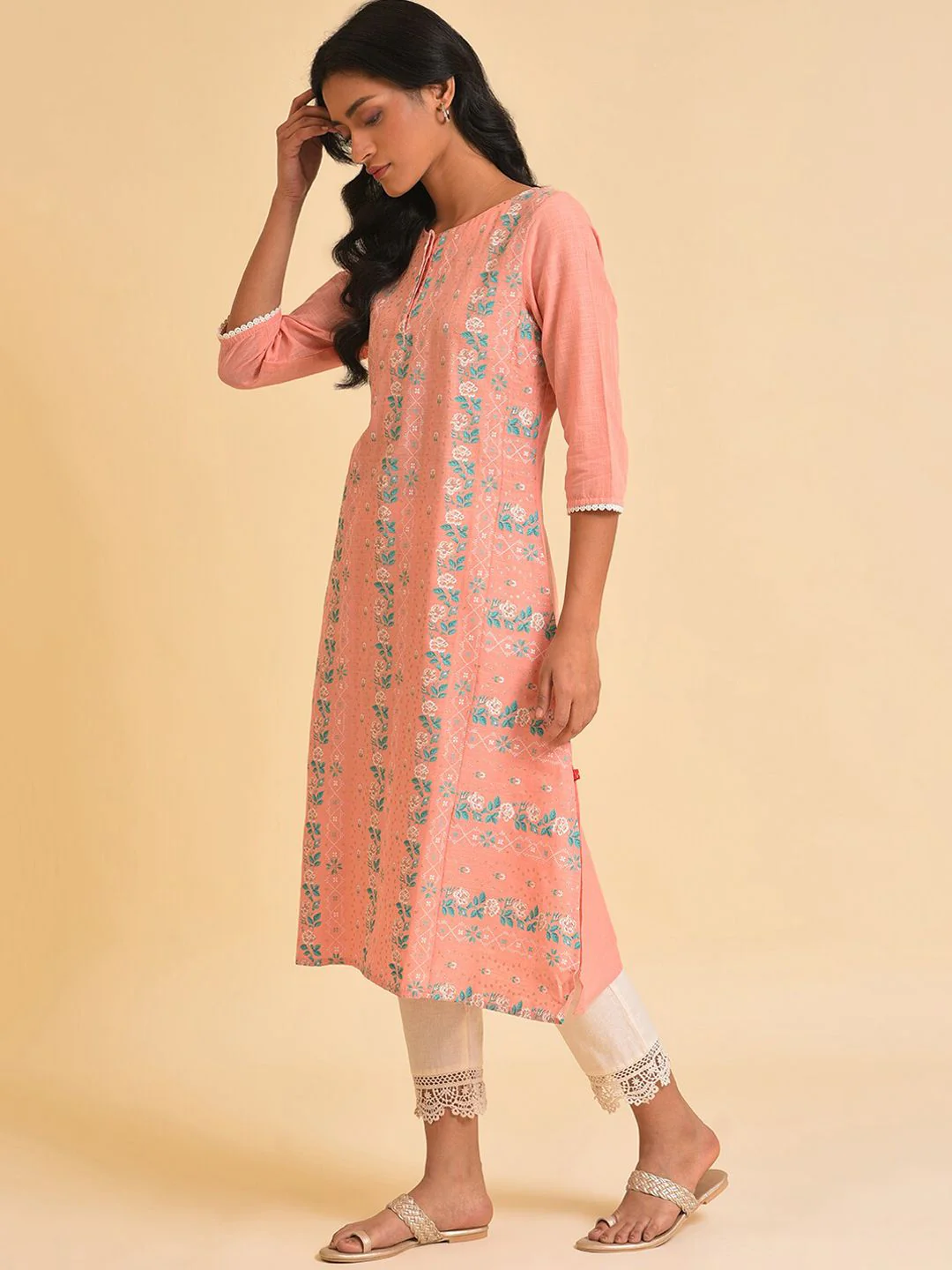 W Peach-Coloured & Cream-Coloured Floral Printed Pure Cotton Kurta with Trousers - Image 6