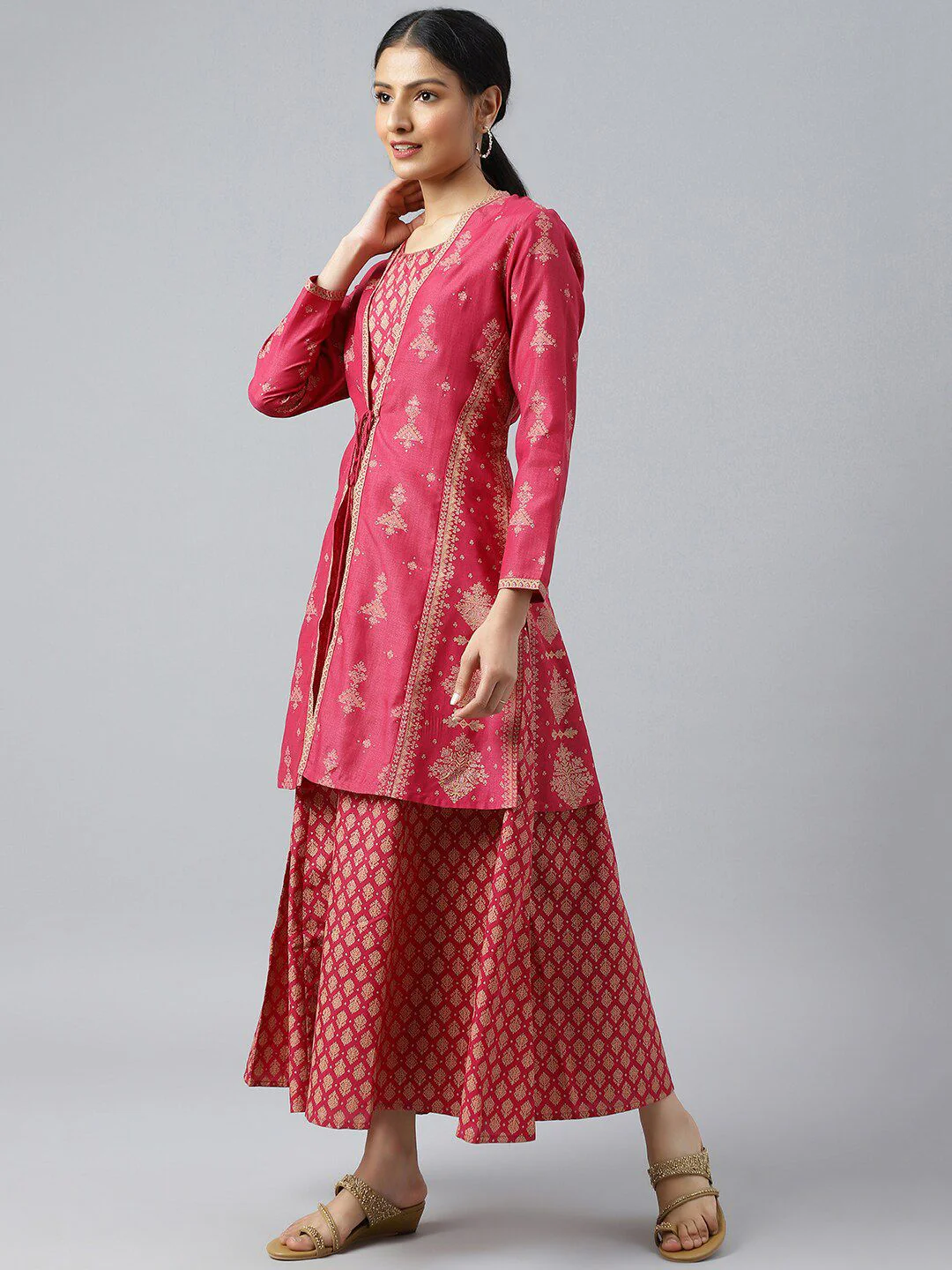 W Pink Ethnic Motifs Chiffon Ethnic Maxi Dress With Tie-Up Waist Coat - Image 5