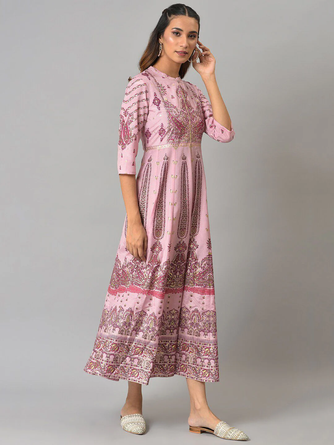 W Pink Ethnic Motifs Midi Fit And Flare Ethnic Dress - Image 3
