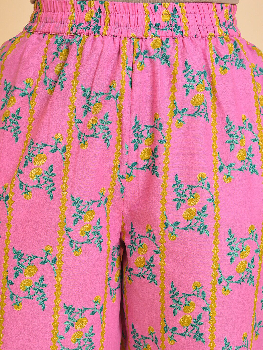 W Pink & Green & Yellow Floral Printed Pure Cotton Kurta With Trousers & Dupatta - Image 3