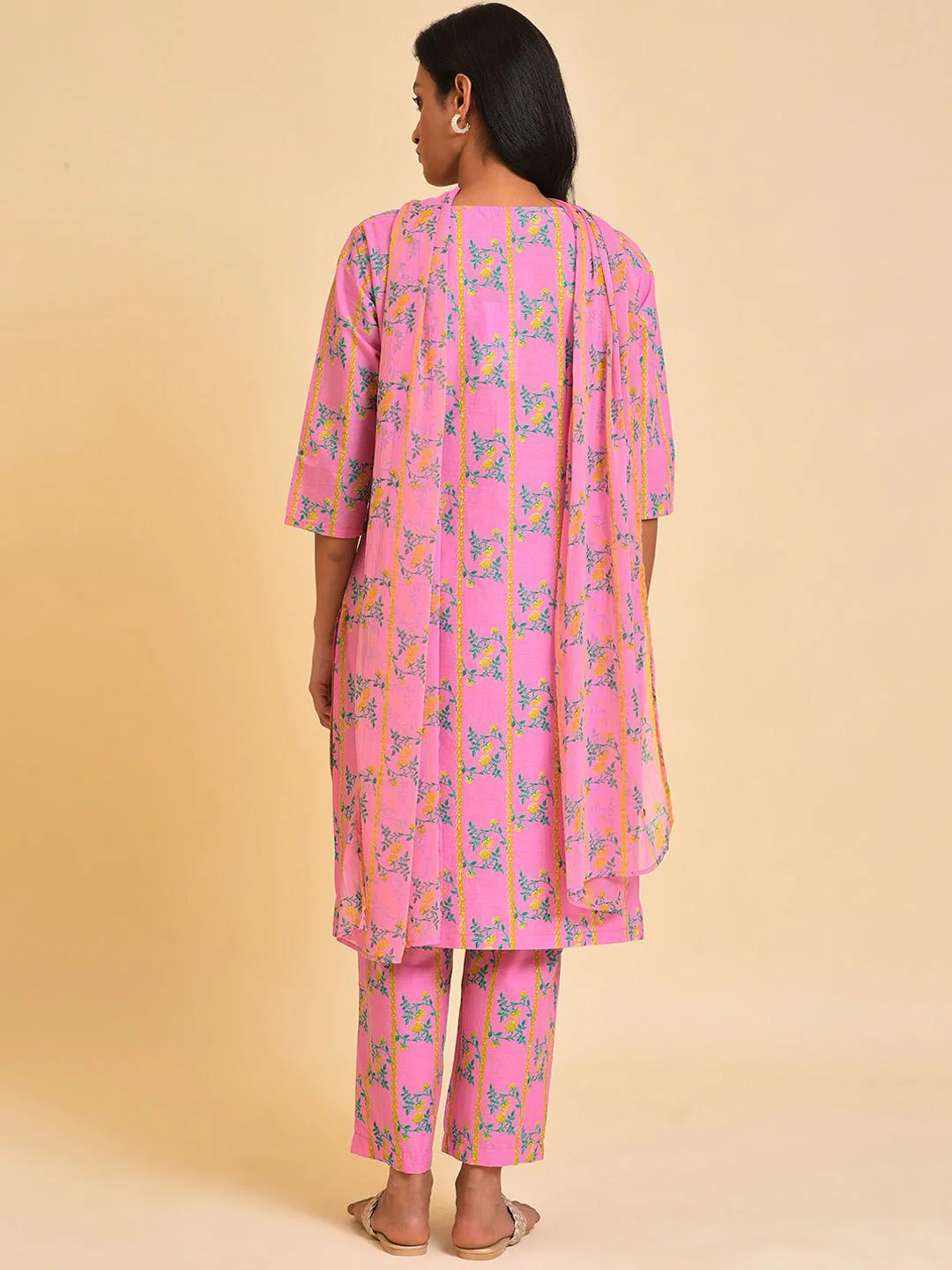 W Pink & Green & Yellow Floral Printed Pure Cotton Kurta With Trousers & Dupatta - Image 4