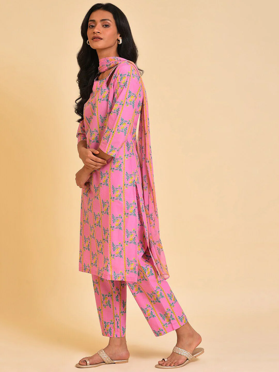W Pink & Green & Yellow Floral Printed Pure Cotton Kurta With Trousers & Dupatta - Image 6