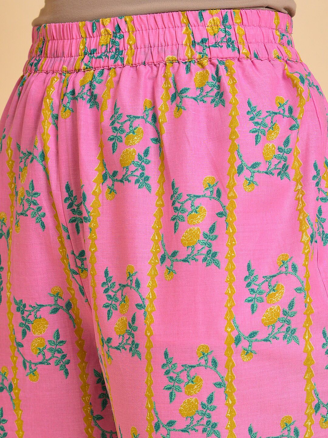 W Pink & Green & Yellow Floral Printed Pure Cotton Kurta With Trousers & Dupatta - Image 7
