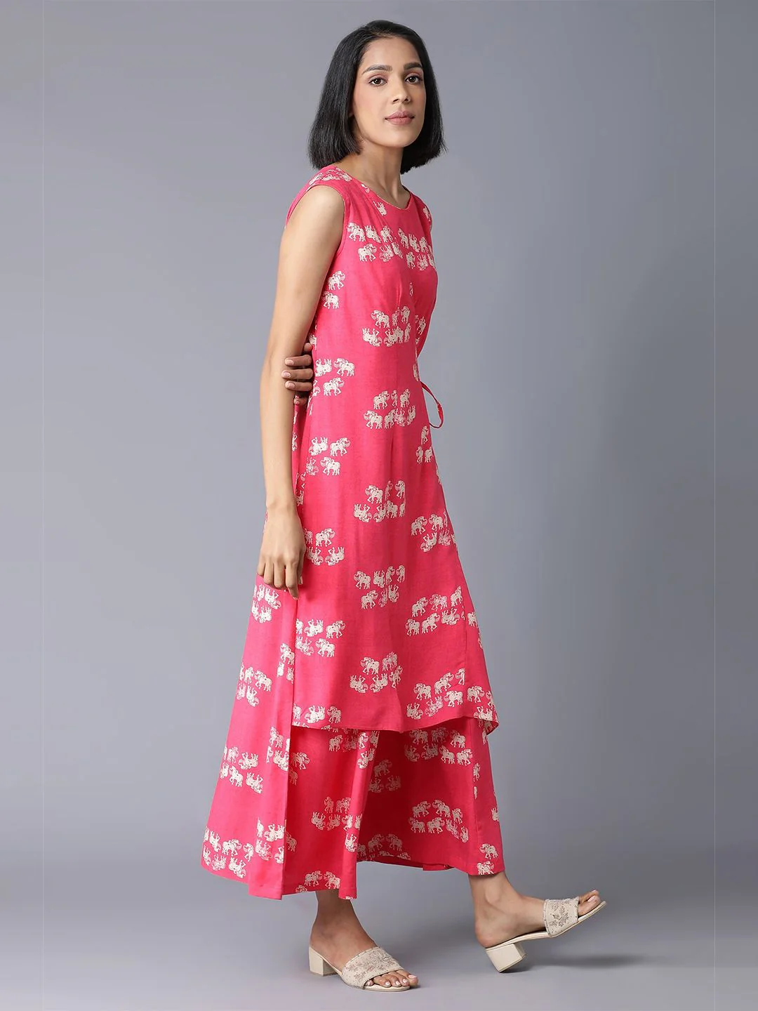 W Pink & Off-White Printed Ethnic Layered Basic Jumpsuit - Image 3