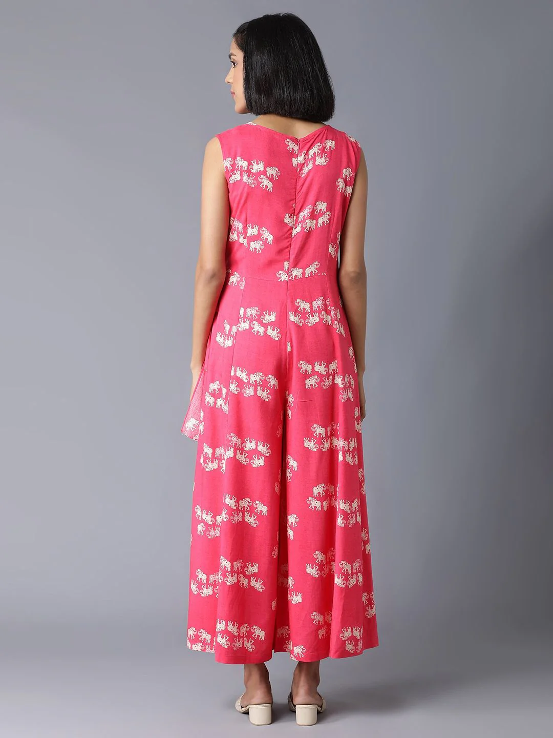 W Pink & Off-White Printed Ethnic Layered Basic Jumpsuit - Image 4