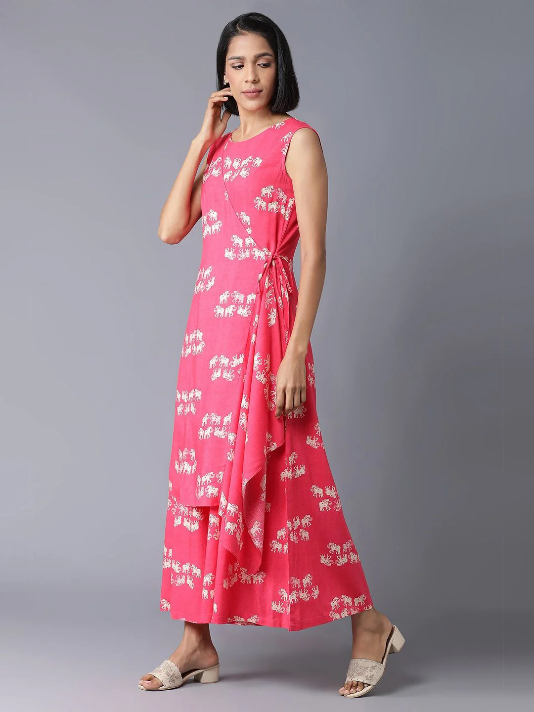 W Pink & Off-White Printed Ethnic Layered Basic Jumpsuit - Image 5