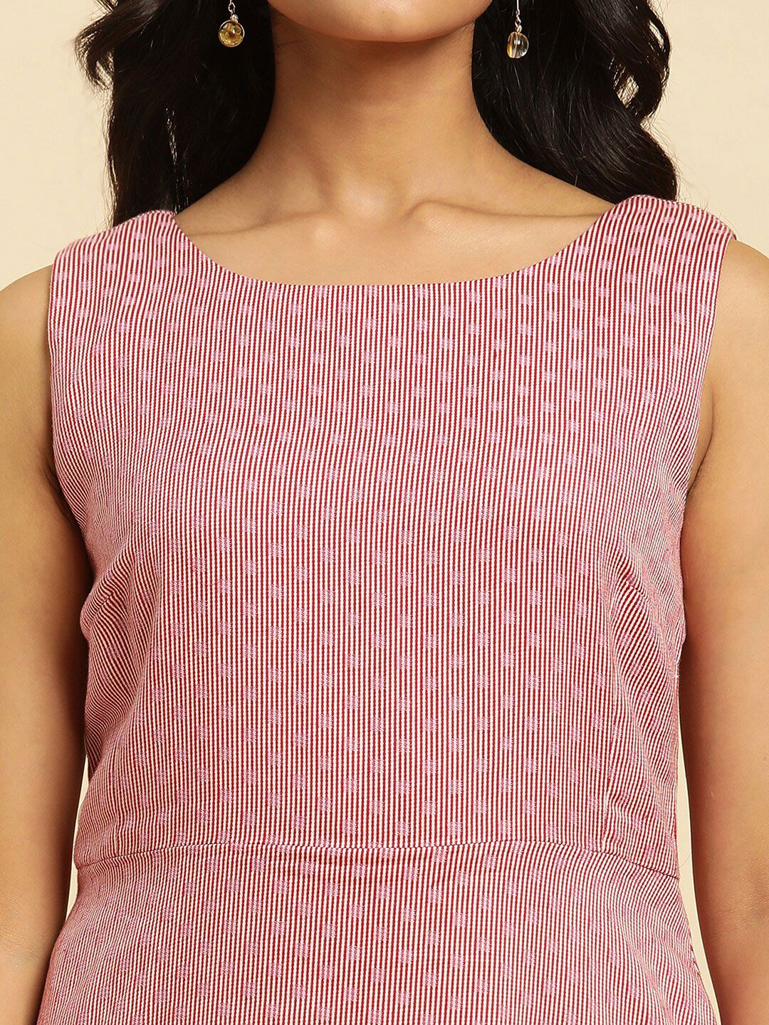 W Pink Round Neck Striped Cotton A-Line Midi Dress - Image 2