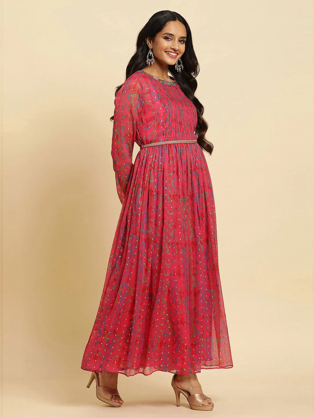 W Pink Self Design Embellished Maxi Ethnic Dress - Image 3