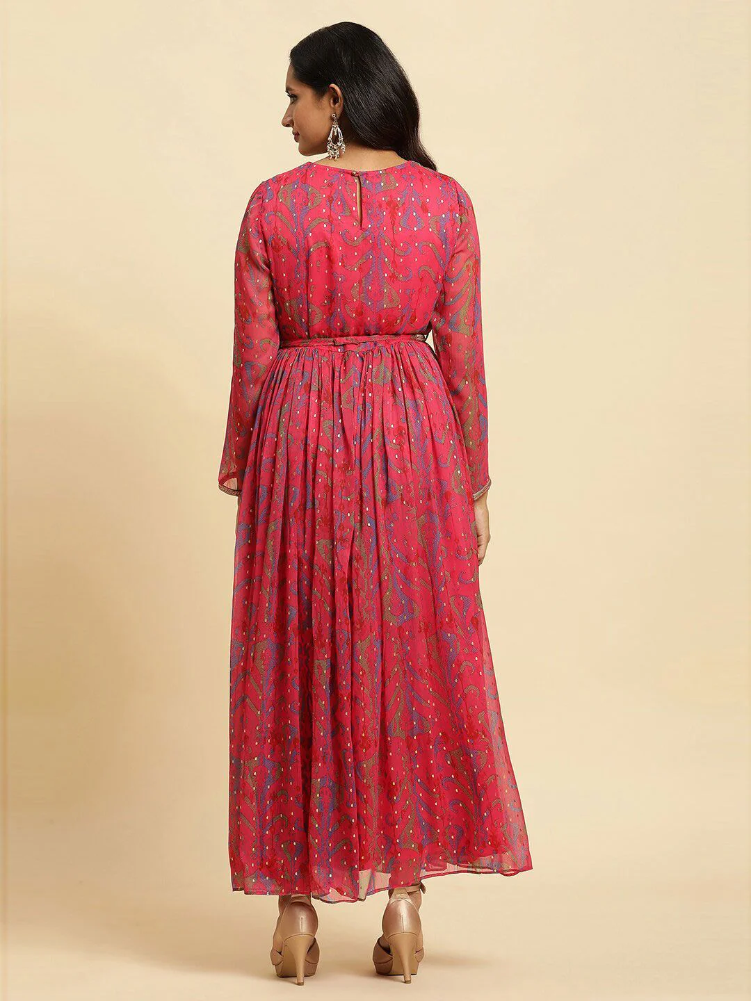 W Pink Self Design Embellished Maxi Ethnic Dress - Image 4