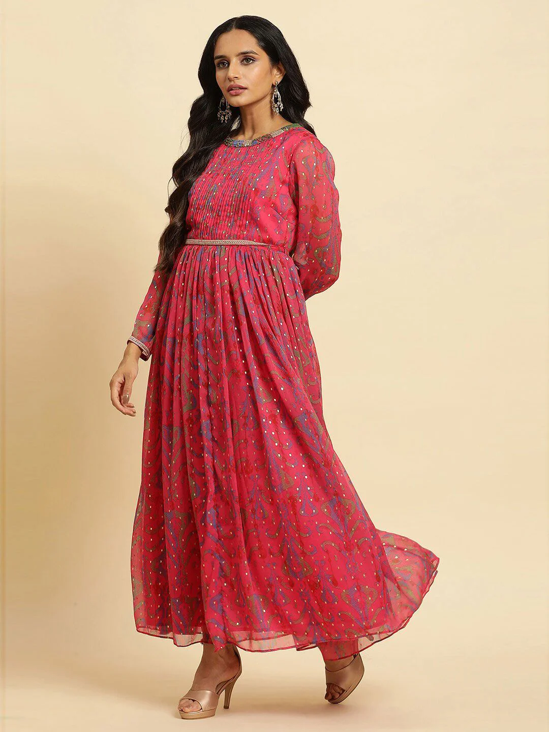W Pink Self Design Embellished Maxi Ethnic Dress - Image 5