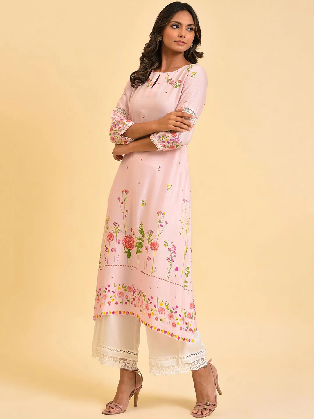 W Pink & Yellow Floral Printed Keyhole Neck Kurta - Image 5