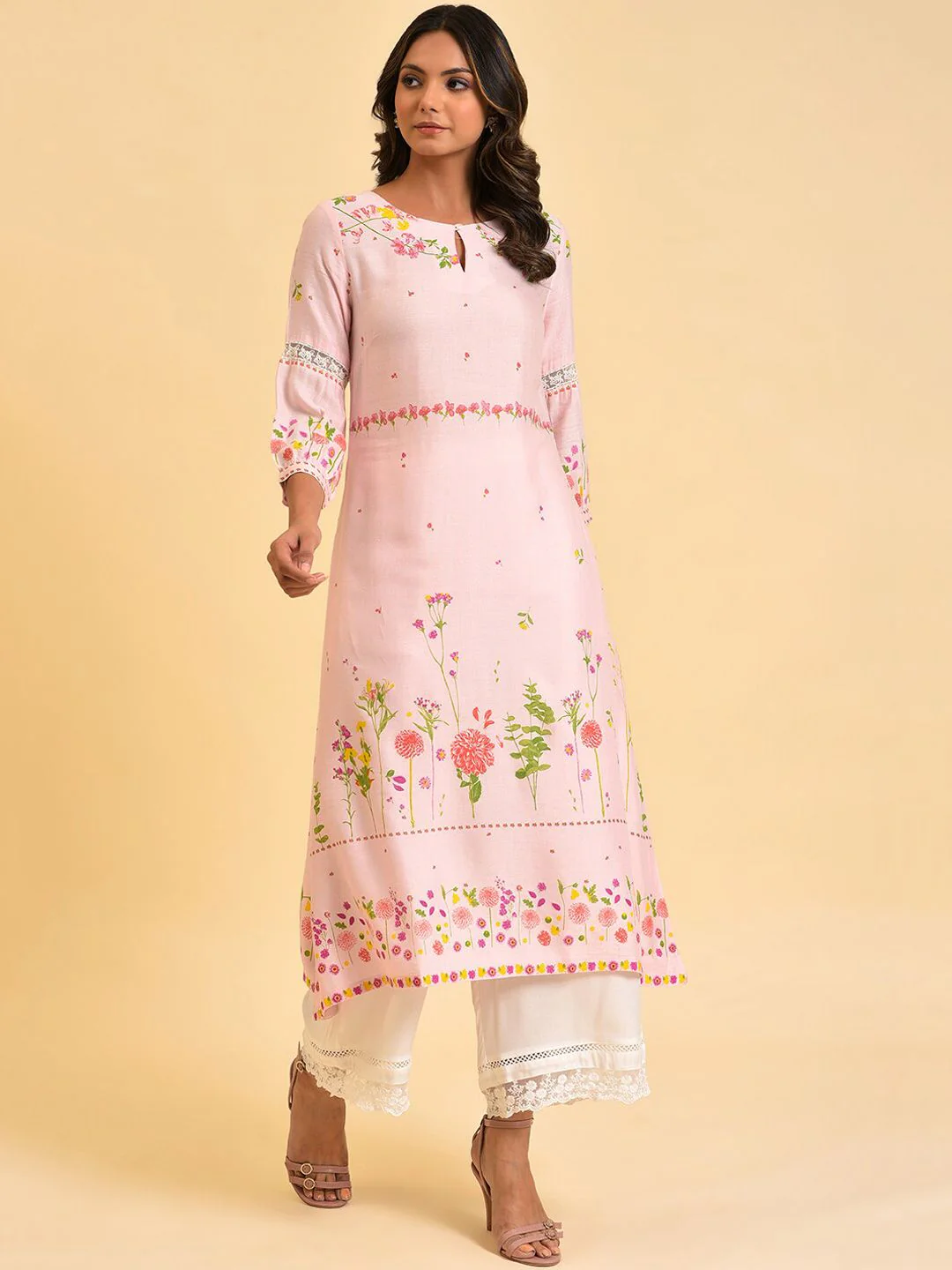 W Pink & Yellow Floral Printed Keyhole Neck Kurta - Image 6