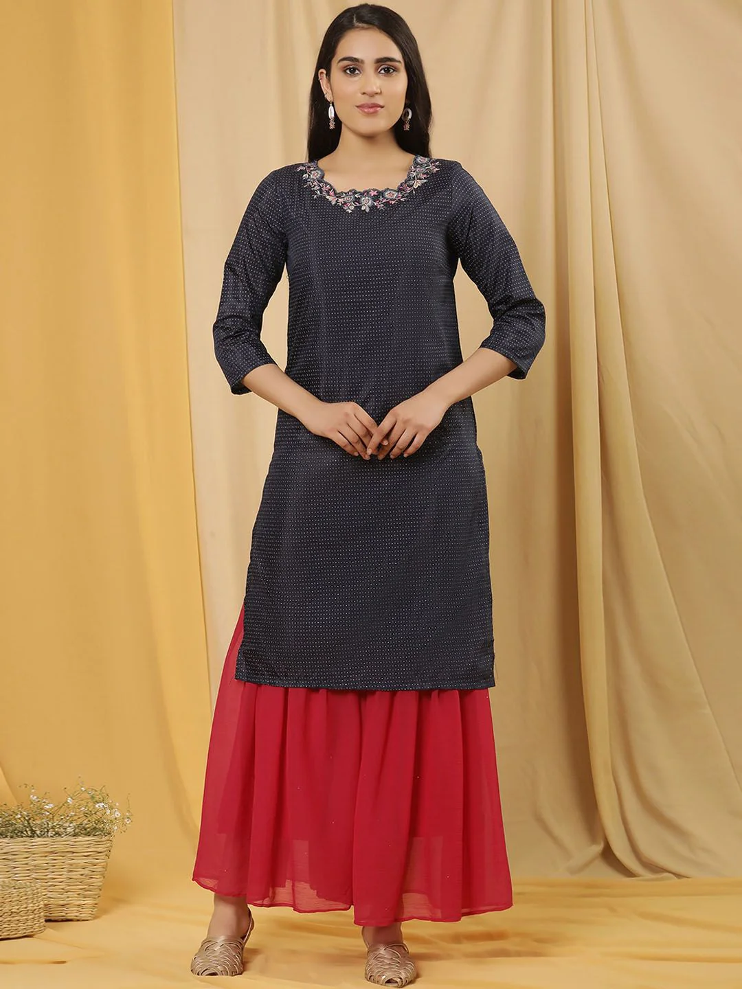 W Printed Regular Thread Work Kurta with Sharara