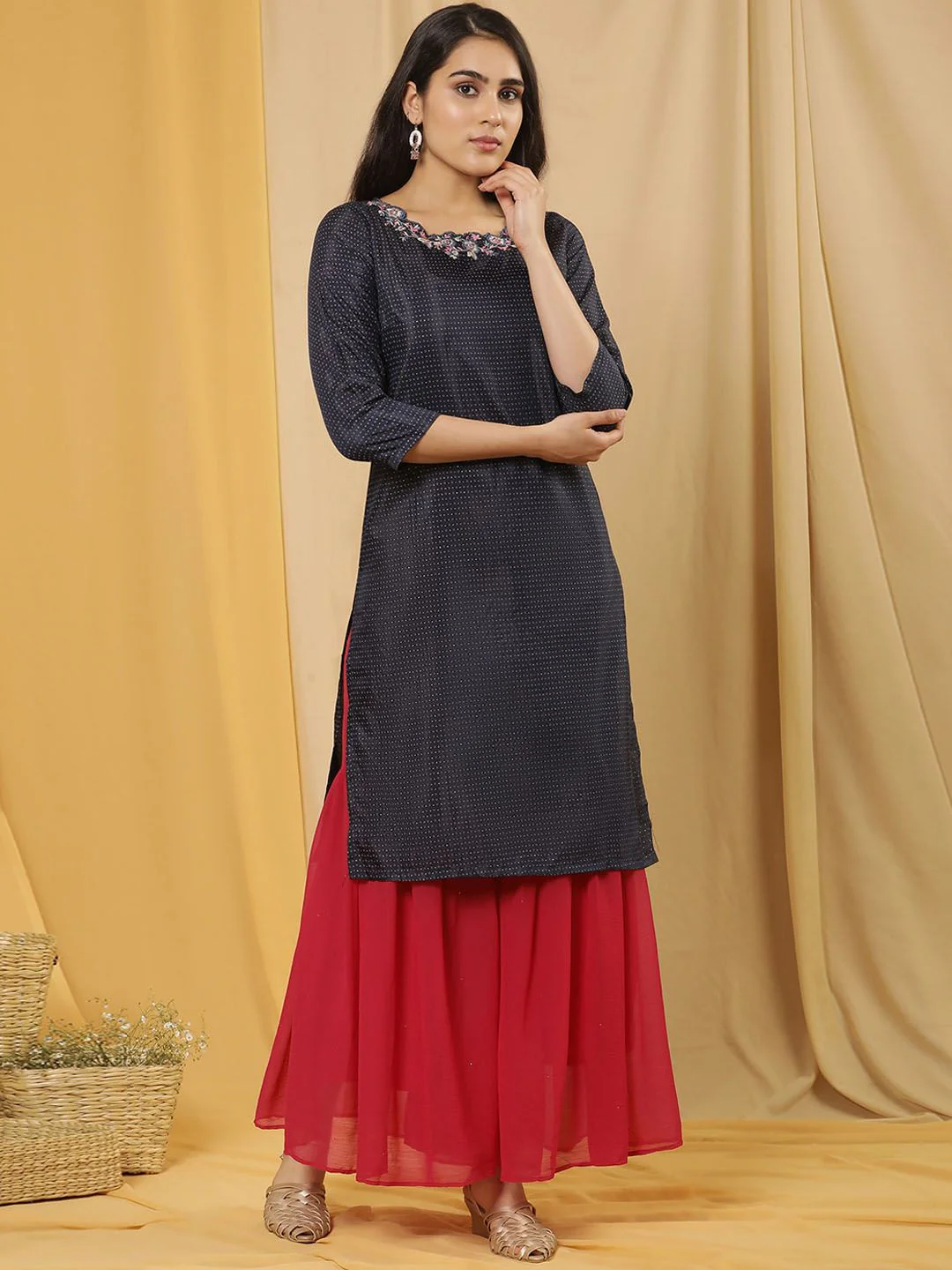 W Printed Regular Thread Work Kurta with Sharara - Image 3