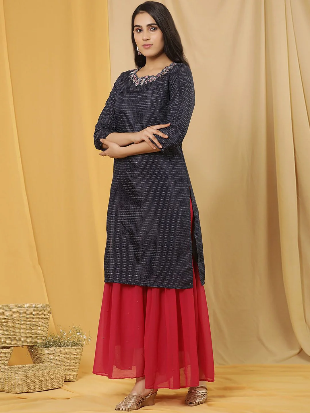 W Printed Regular Thread Work Kurta with Sharara - Image 5
