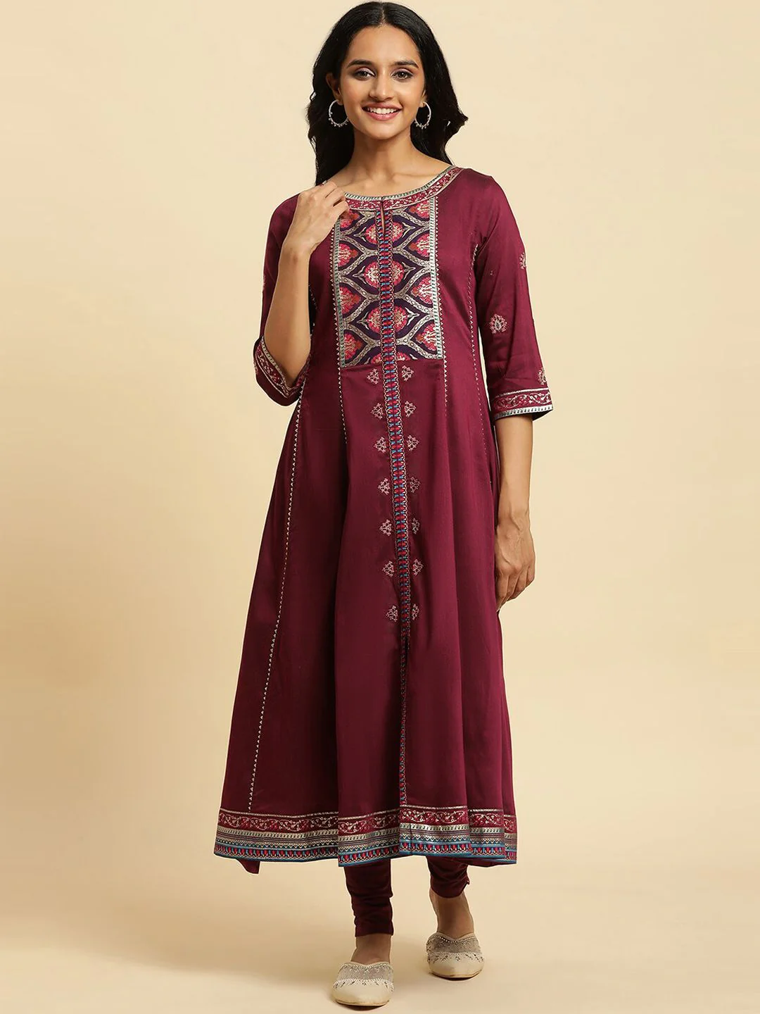W Purple Ethnic Motifs Yoke Design Gotta Patti A-Line Kurta