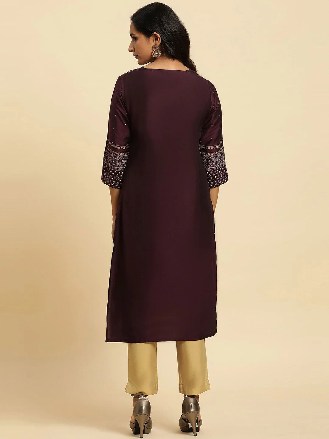 W Purple Floral Yoke Design Sequinned Straight Kurta - Image 4