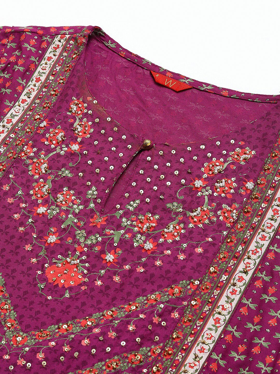 W Purple & Pink Floral Keyhole Neck Ethnic A-Line Midi Dress - Image 2