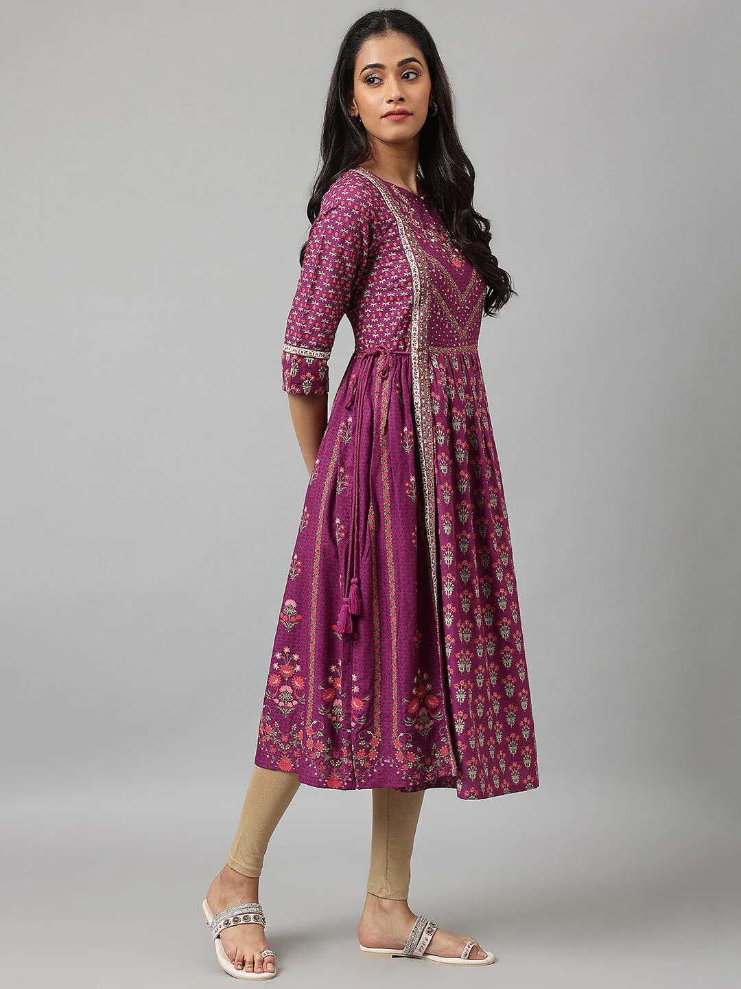 W Purple & Pink Floral Keyhole Neck Ethnic A-Line Midi Dress - Image 3