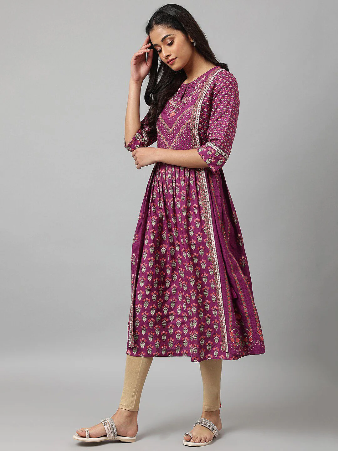 W Purple & Pink Floral Keyhole Neck Ethnic A-Line Midi Dress - Image 5
