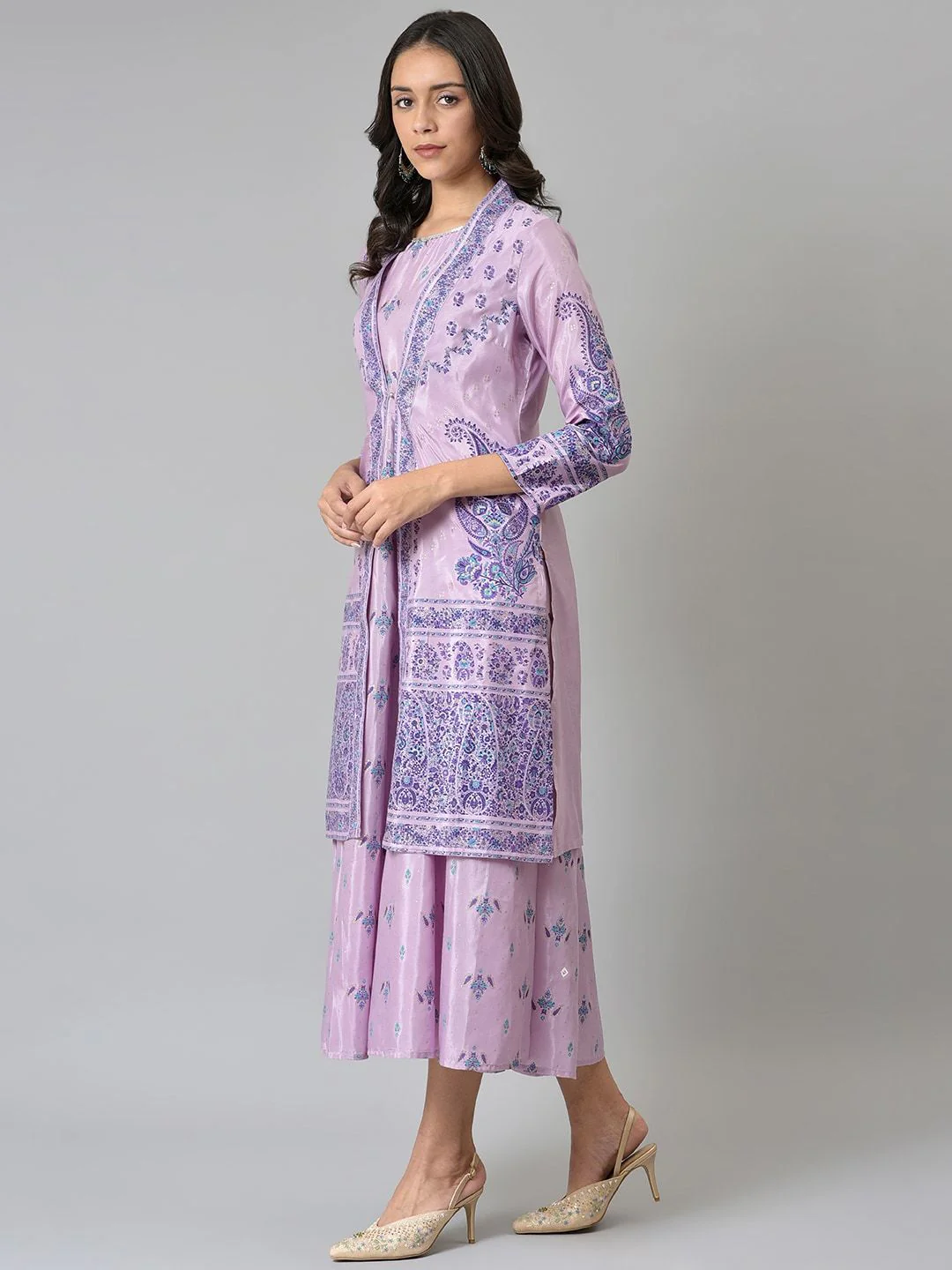 W Purple Women Floral Printed A-Line Midi Dress - Image 3
