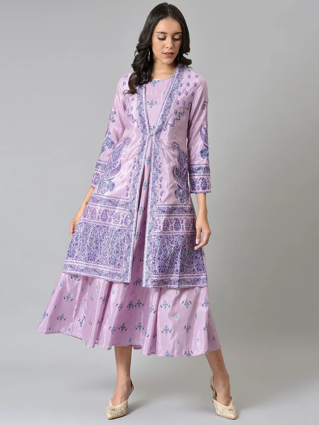 W Purple Women Floral Printed A-Line Midi Dress - Image 4