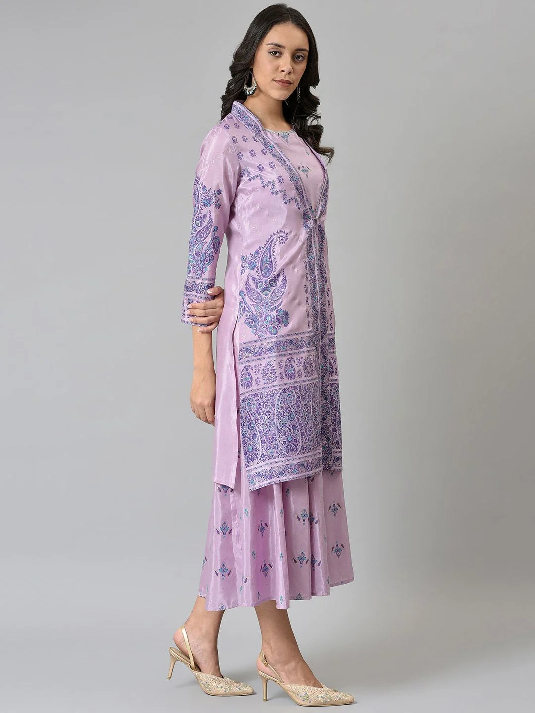 W Purple Women Floral Printed A-Line Midi Dress - Image 5