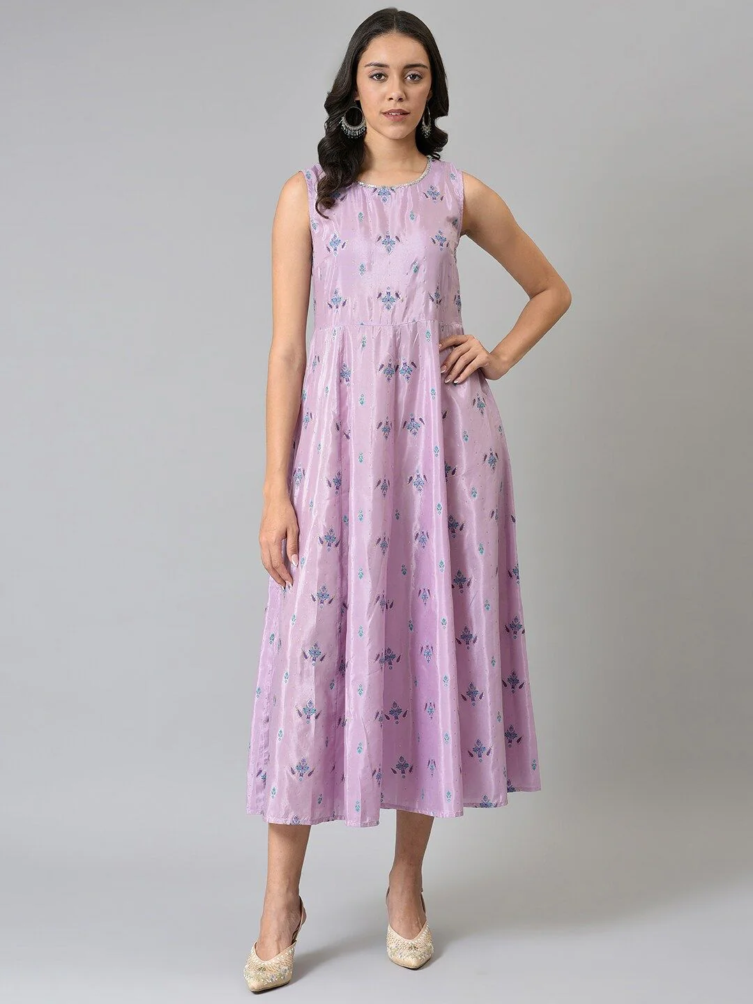W Purple Women Floral Printed A-Line Midi Dress - Image 6
