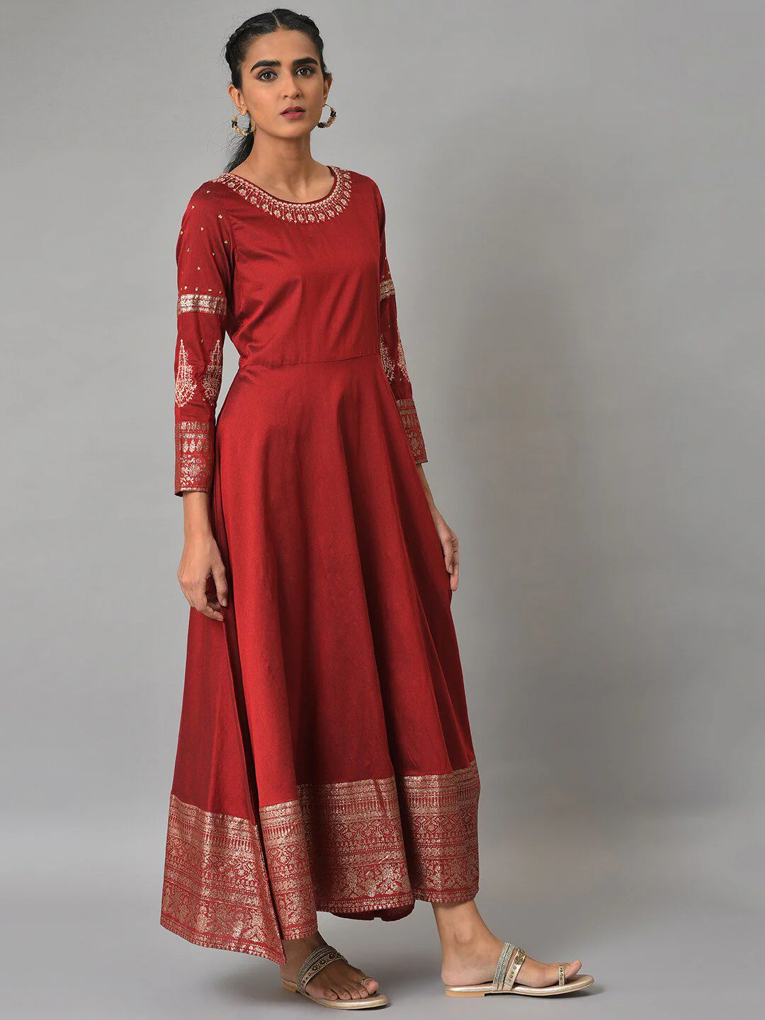 W Red Embellished Fit & Flare Maxi Ethnic Dress - Image 3