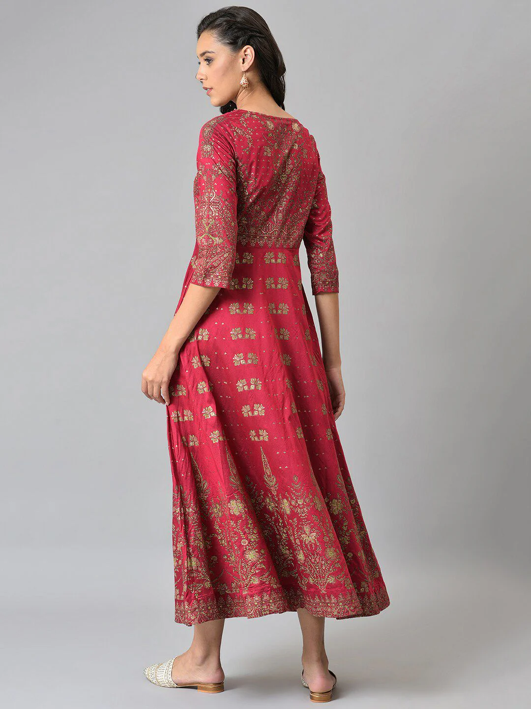 W Red Ethnic Motifs Keyhole Neck Chiffon Ethnic Maxi Dress - Image 6