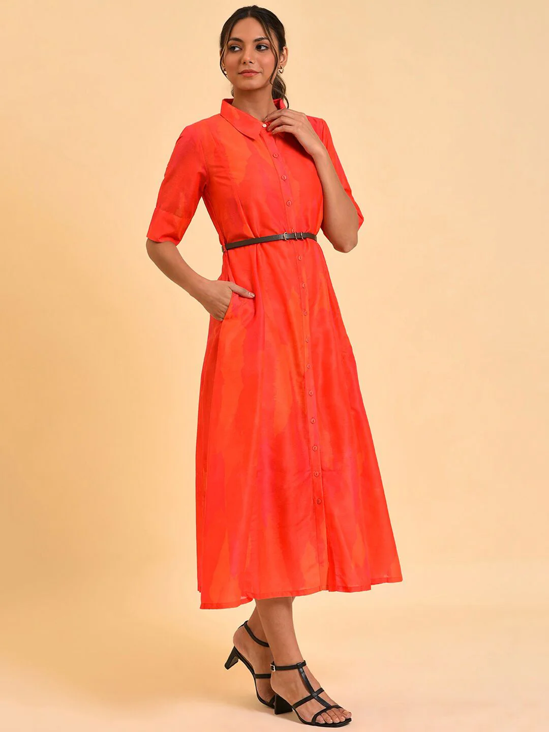 W Red Shirt Midi Dress With Belt - Image 3