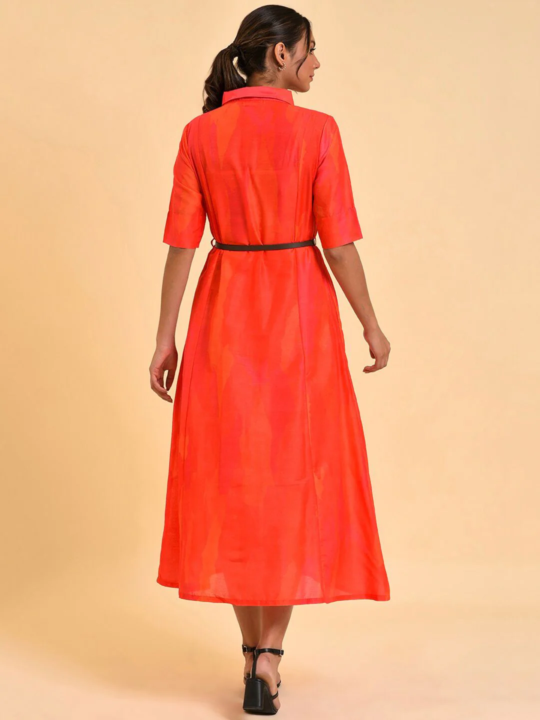 W Red Shirt Midi Dress With Belt - Image 4