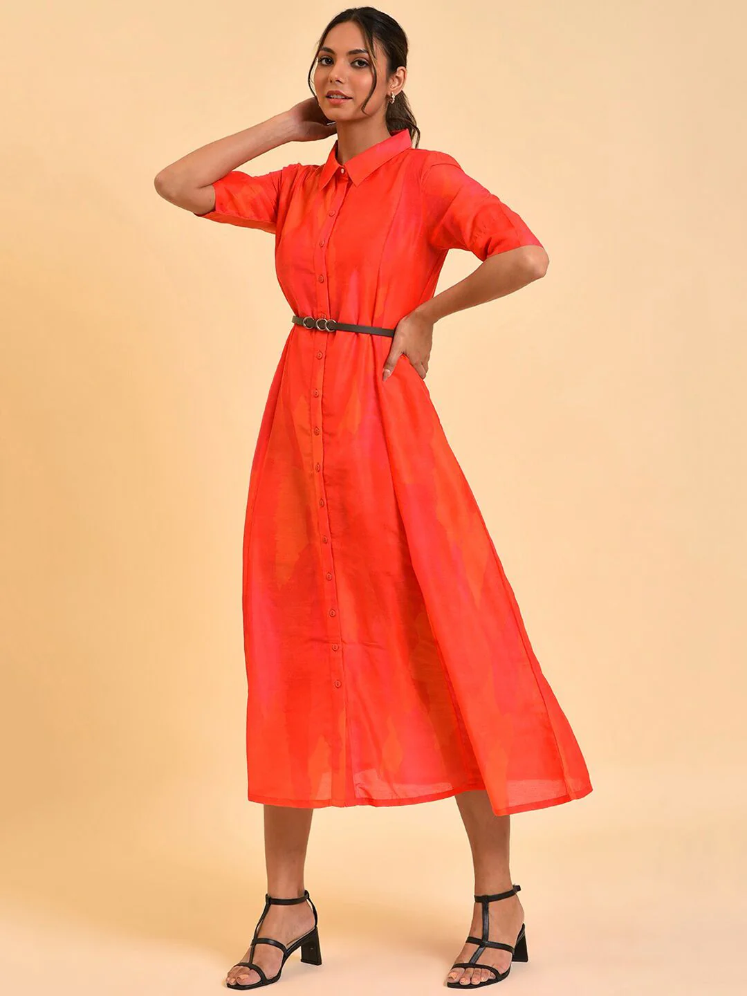 W Red Shirt Midi Dress With Belt - Image 5
