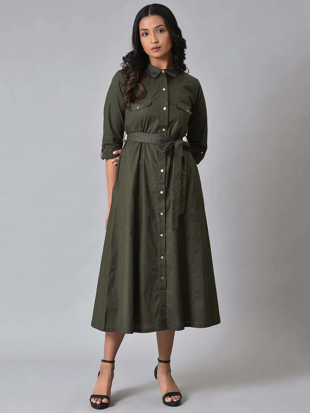 W Rool-Up Sleeves Pure Cotton Shirt Midi Dress - Image 6