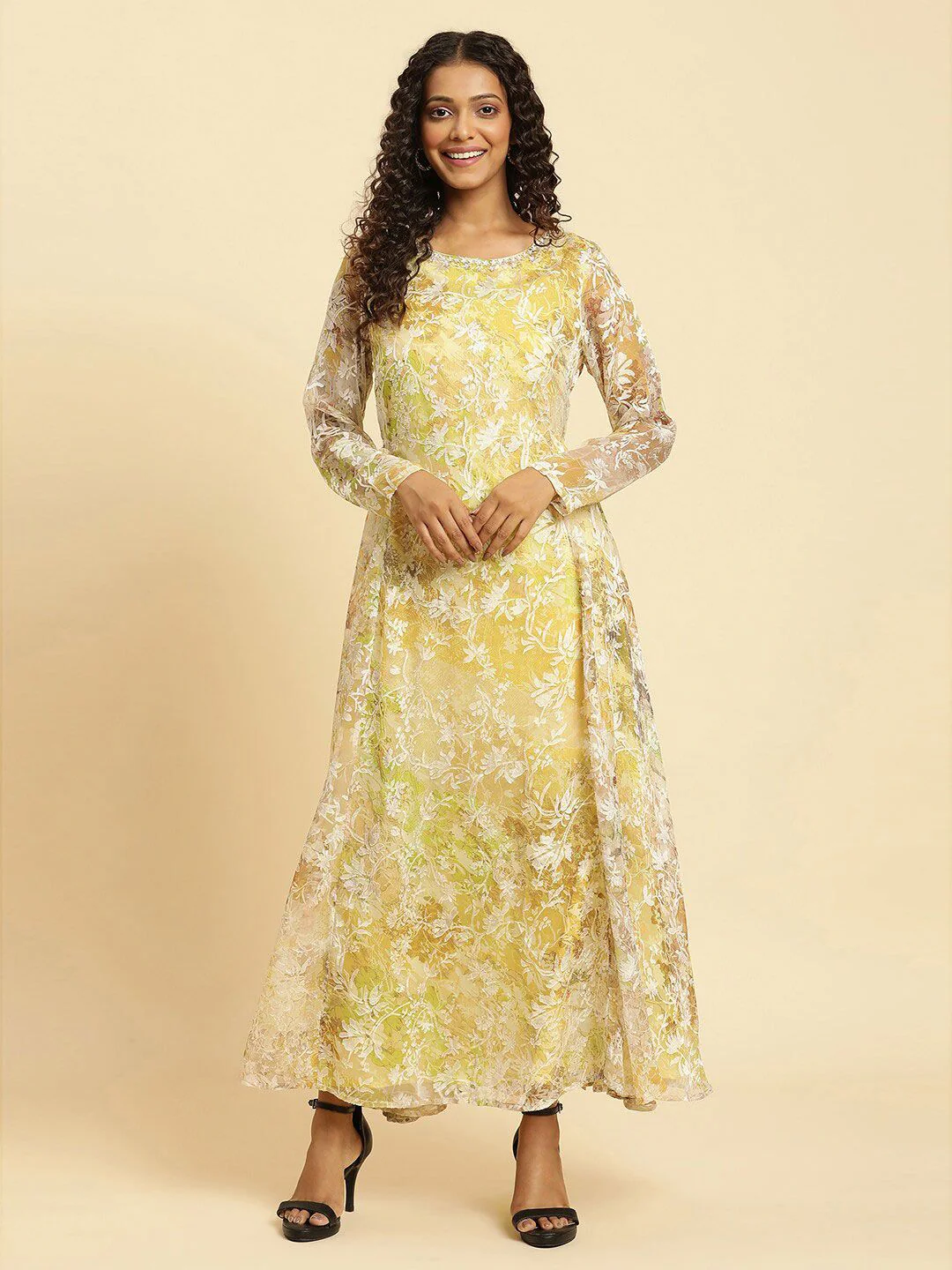 W Self Design Round Neck Maxi Dress
