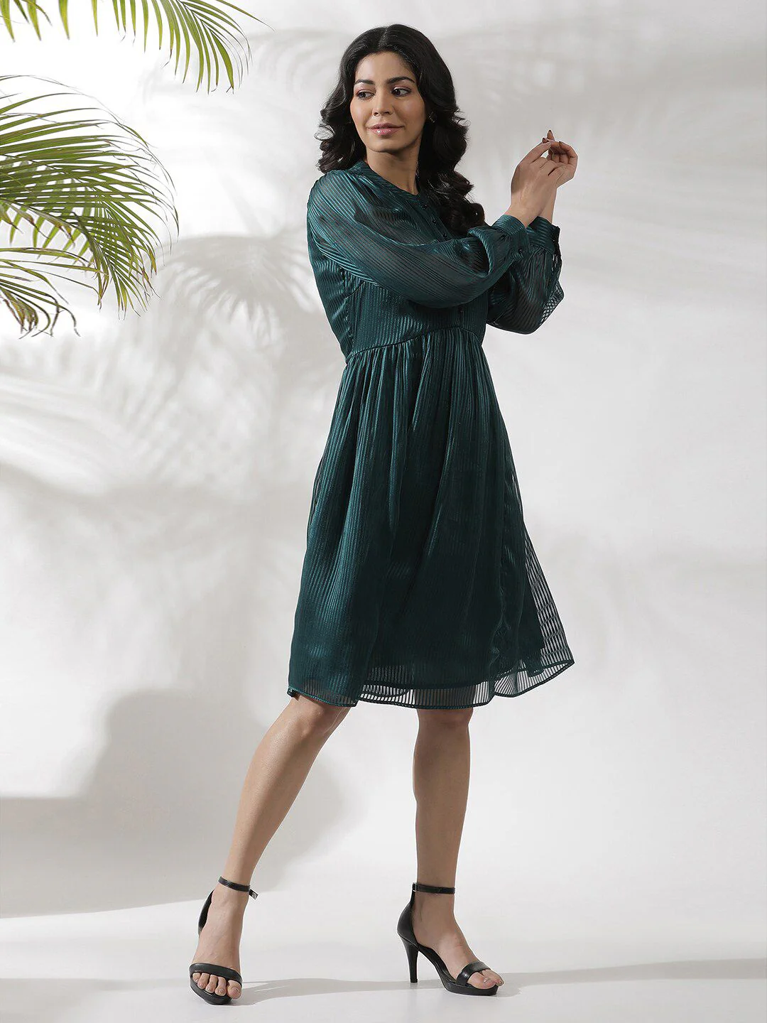 W Self Design Striped Fit & Flare Dress - Image 3