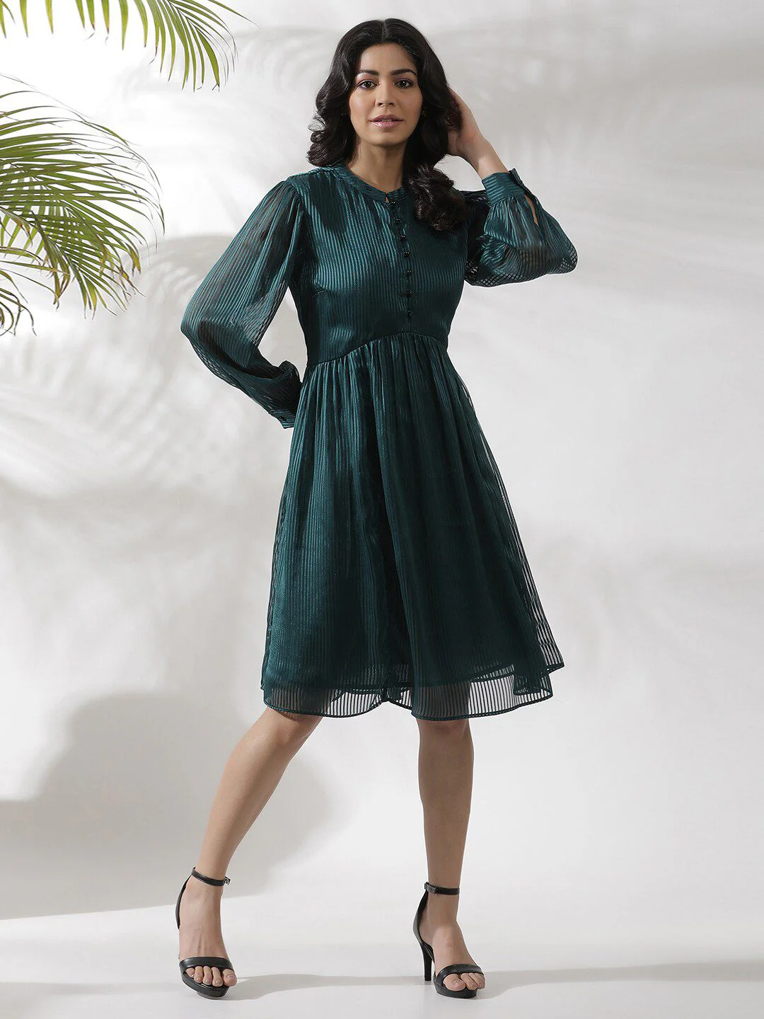W Self Design Striped Fit & Flare Dress - Image 6