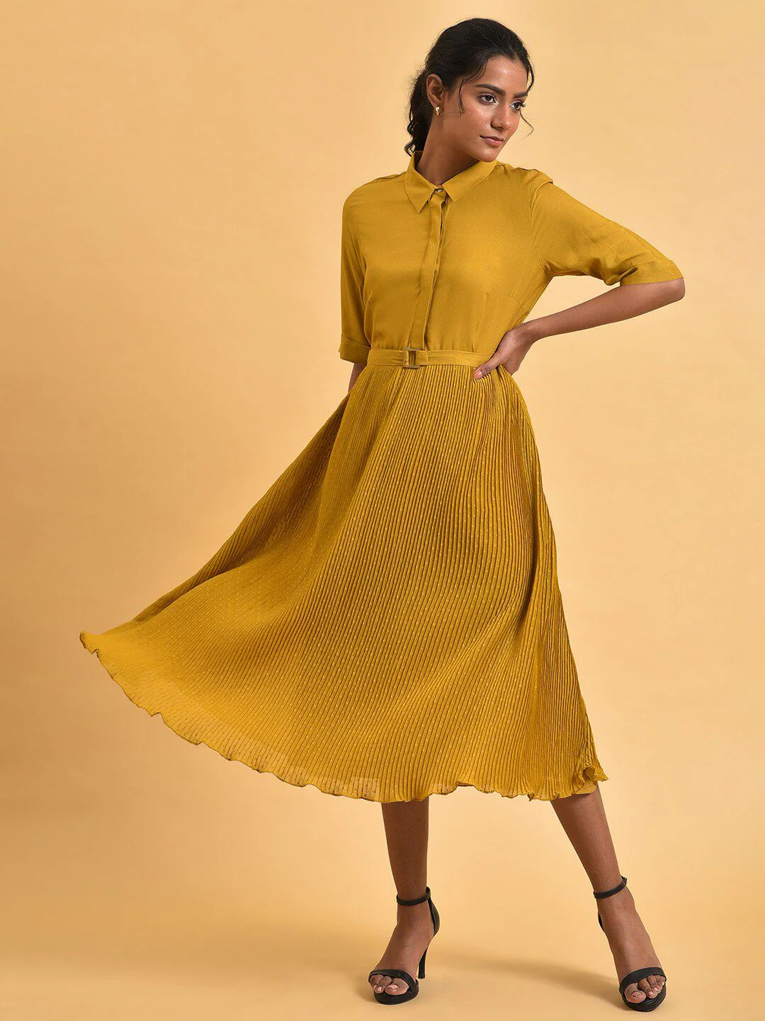 W Shirt Collar A-Line Midi Dress - Image 6