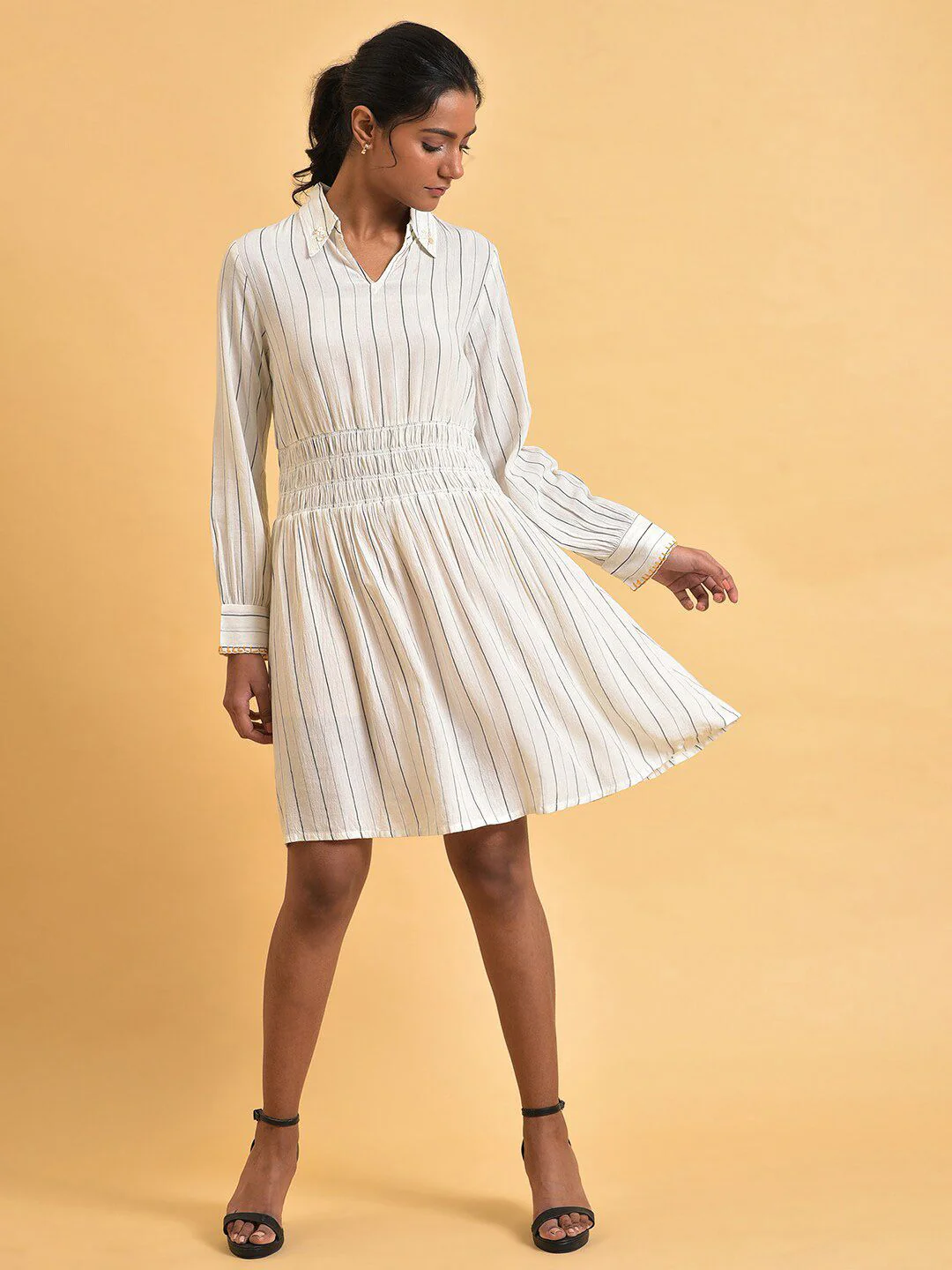 W Shirt Collar Striped Shirt Dress - Image 6