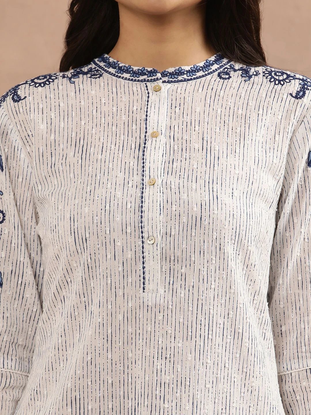 W Striped Mandarin Collar Thread Work Cotton Straight Kurta - Image 2