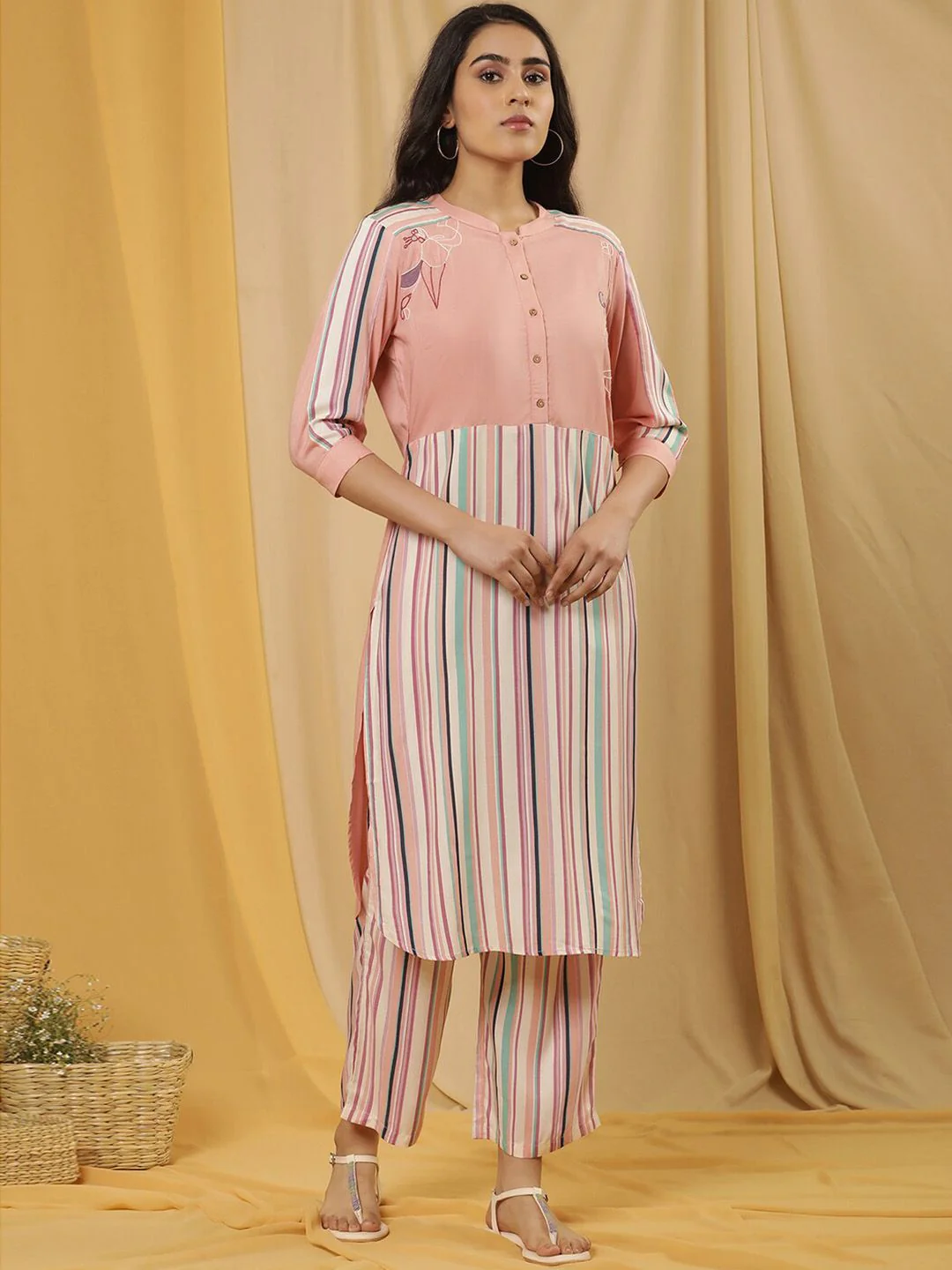 W Striped Printed Straight Kurta with Trouser - Image 2