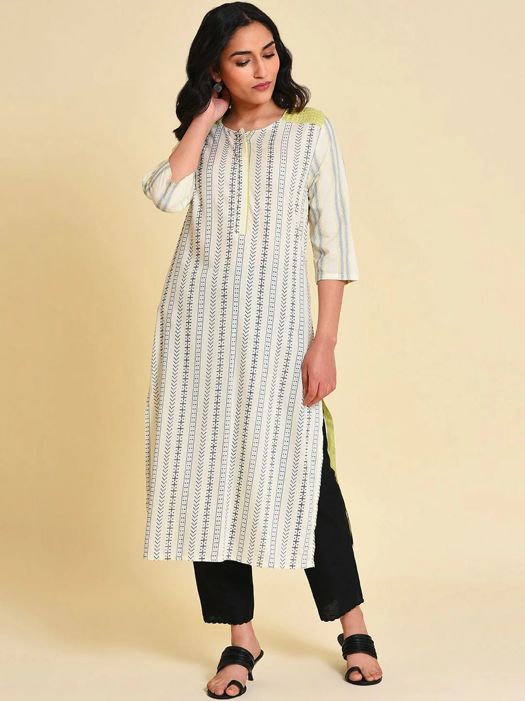 W Striped Thread Work Straight Kurta - Image 2