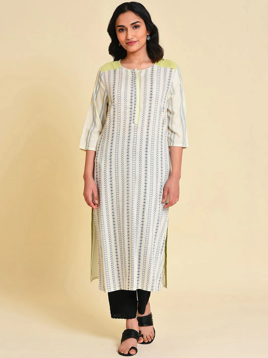 W Striped Thread Work Straight Kurta - Image 3