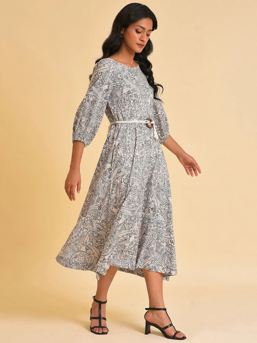 W White Ethnic Motif Printed A-Line Midi Dress With Belt - Image 3