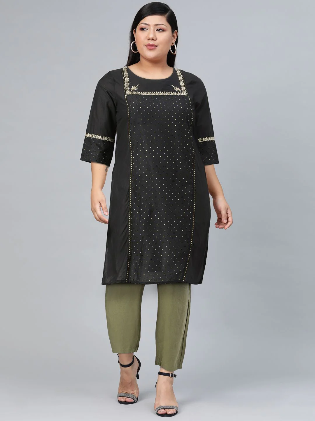 W Women Black Ethnic Motifs Yoke Design Thread Work Kurta - Image 6