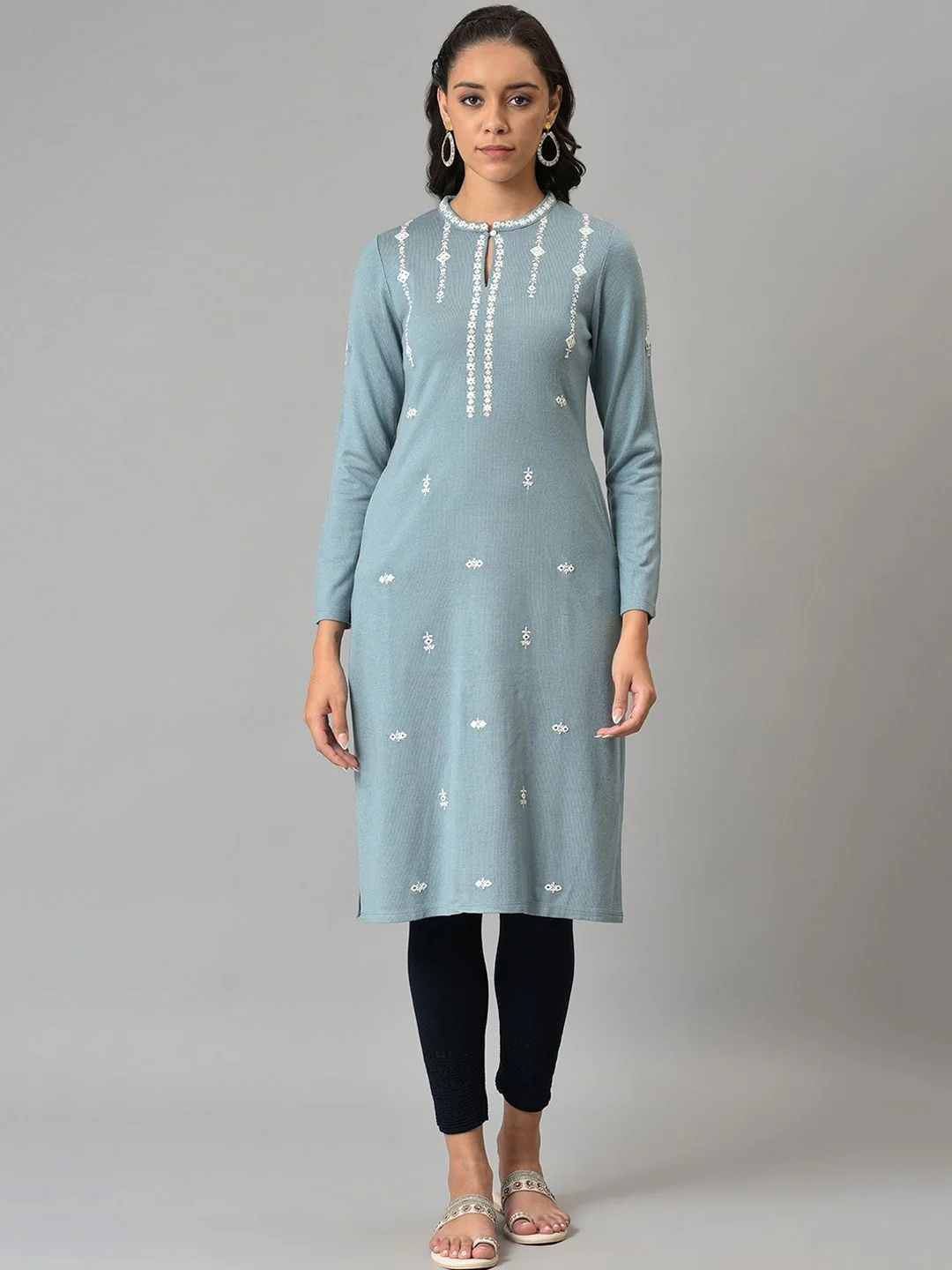 W Women Blue Embroidered Keyhole Neck Regular Sleeves Kurta
