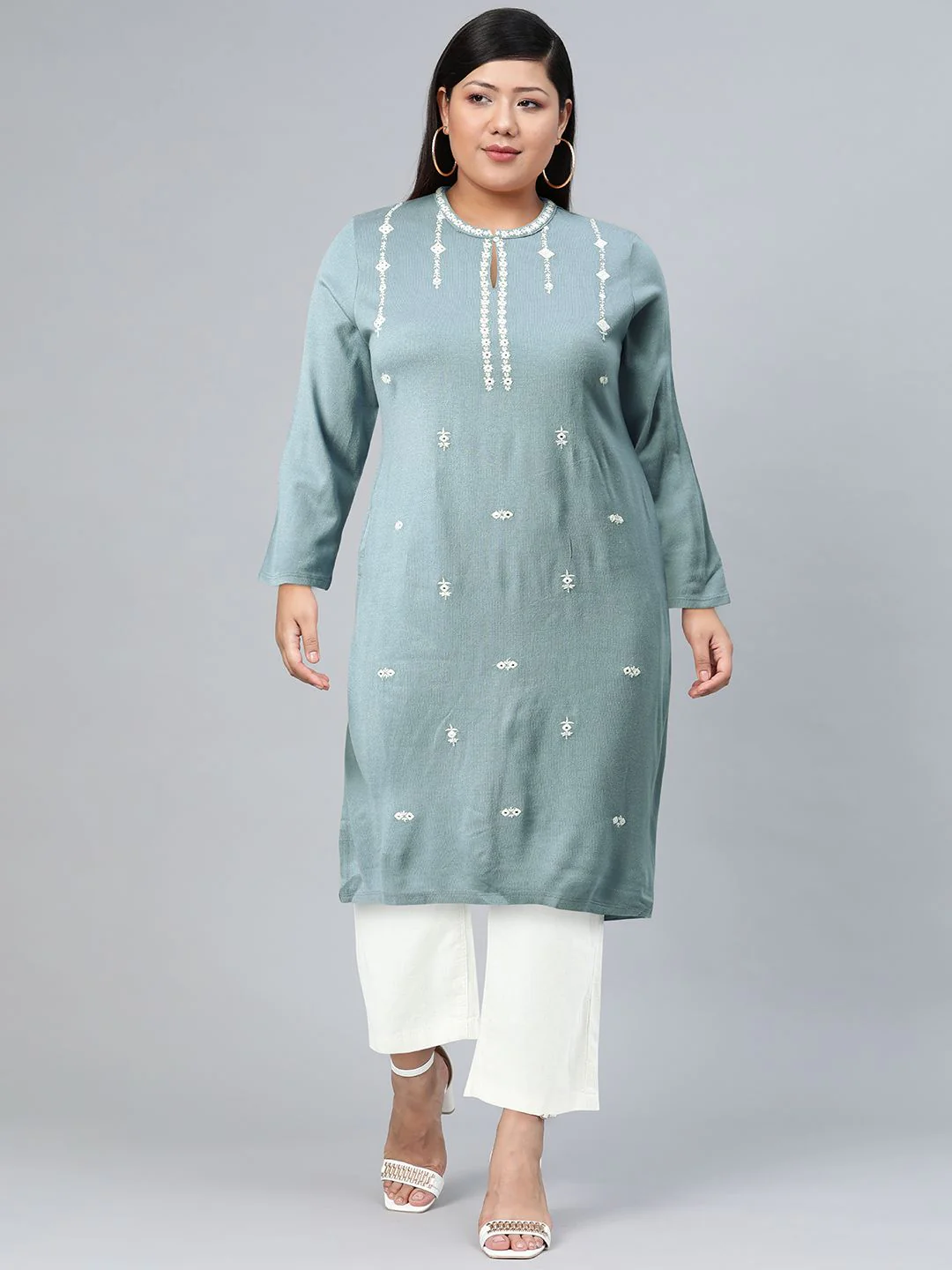 W Women Blue Embroidered Keyhole Neck Regular Sleeves Kurta - Image 7