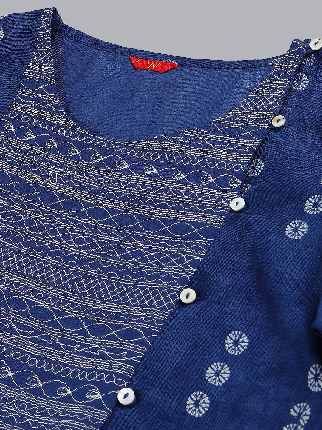 W Women Blue Ethnic Motifs Printed Flared Sleeves Handloom Kurta - Image 2
