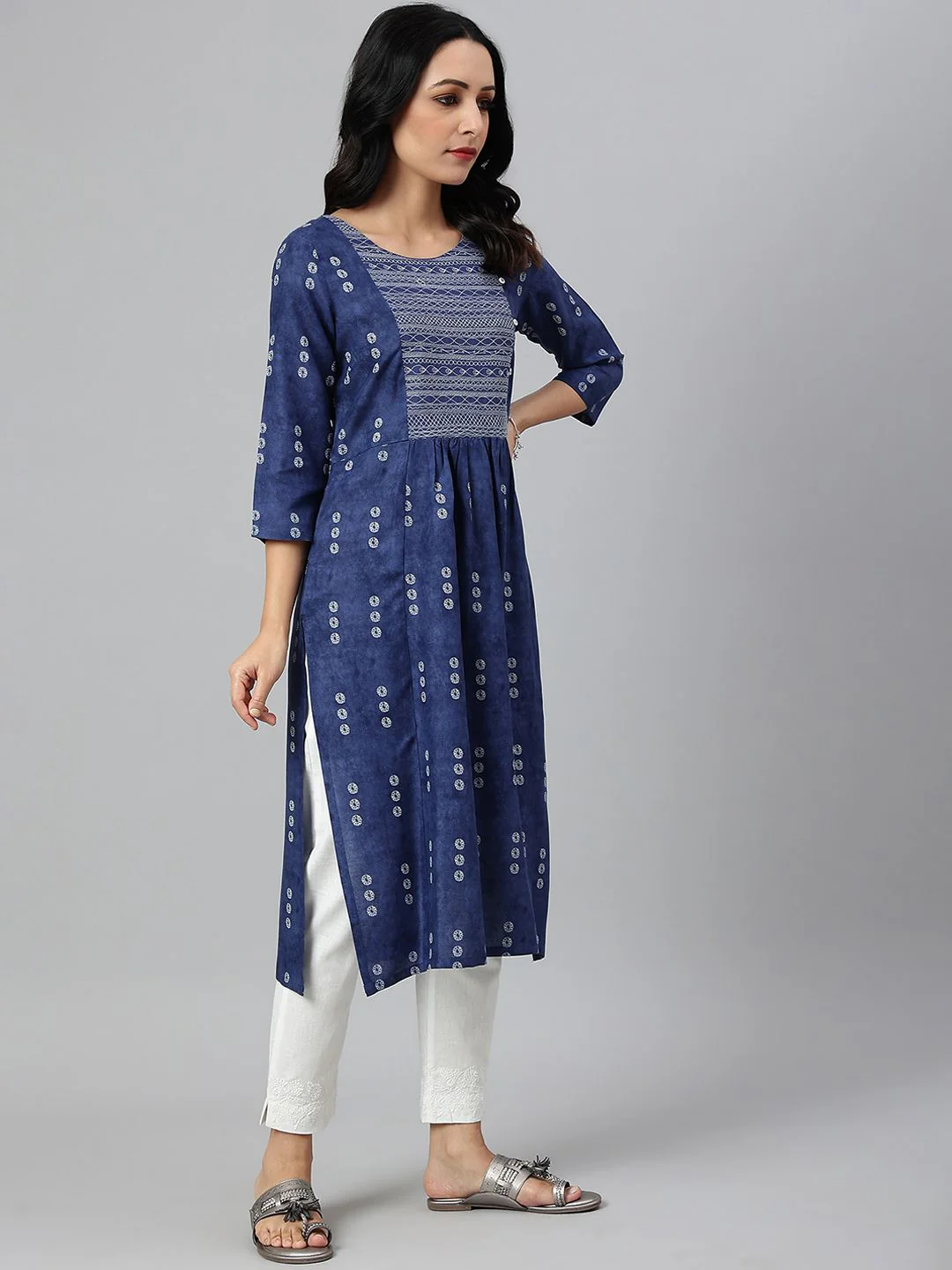 W Women Blue Ethnic Motifs Printed Flared Sleeves Handloom Kurta - Image 3